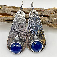 Етно стиль - сережки з квітами та синім камінням, 5667
