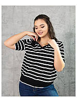 Женская футболка поло в полоску трикотаж тонкой вязки черно-белый 46-50