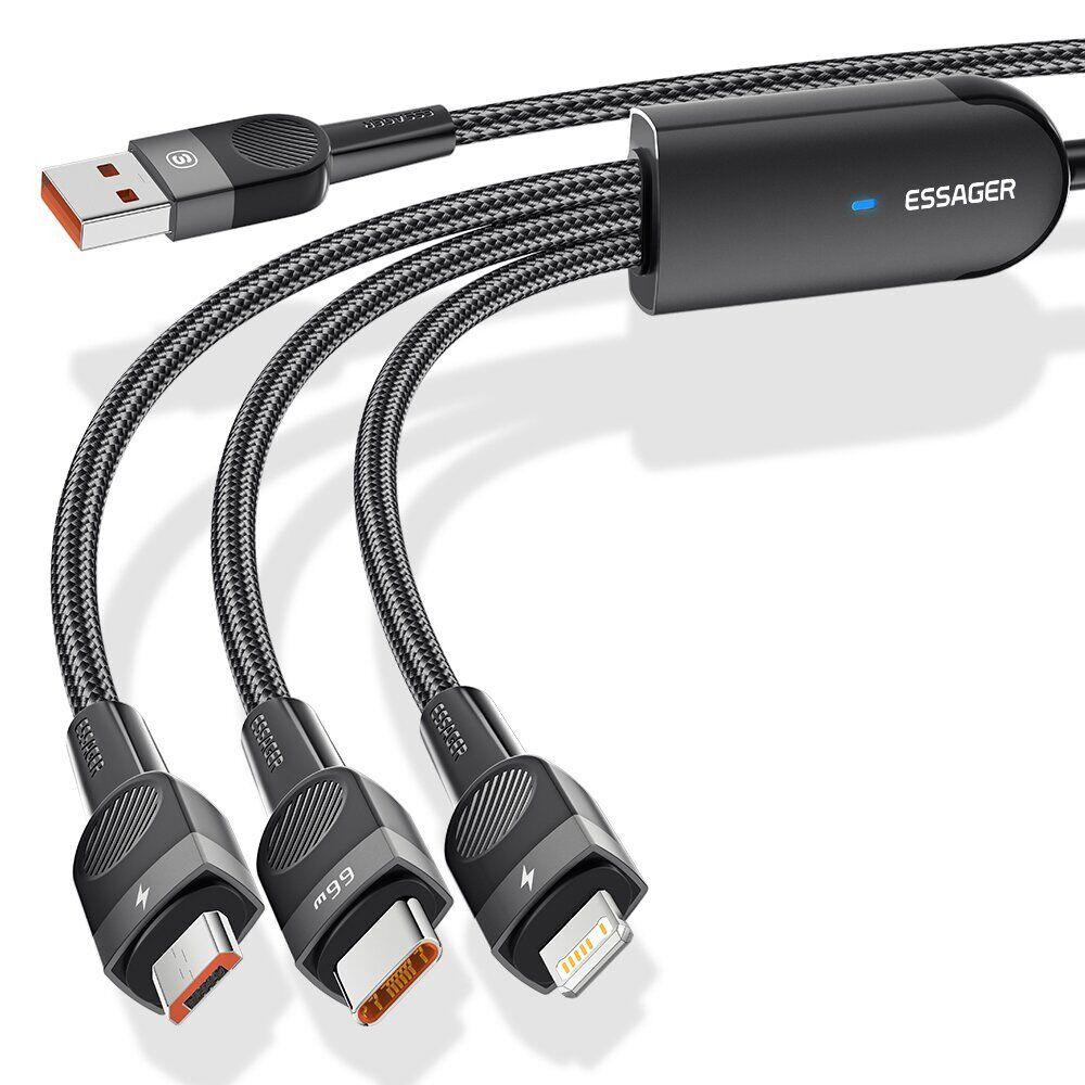 Кабель ESSAGER Swift 3 in 1 USB to Micro+Type-C+Lightning (66W, 1.2m) EXCMTL-XJ01 - Black - фото 1 - id-p2129515145