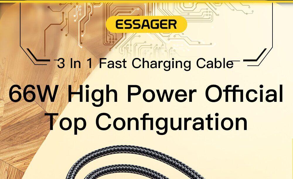 Кабель ESSAGER Swift 3 in 1 USB to Micro+Type-C+Lightning (66W, 1.2m) EXCMTL-XJ01 - Black - фото 3 - id-p2129515145