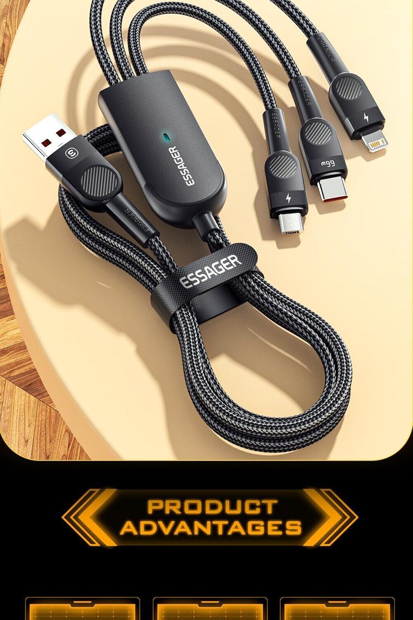 Кабель ESSAGER Swift 3 in 1 USB to Micro+Type-C+Lightning (66W, 1.2m) EXCMTL-XJ01 - Black - фото 4 - id-p2129515145