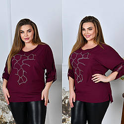 Жіноча базова блузка з декором із страз спереду та рукавами з підгином, батал і супер батал великі розміри