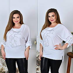 Жіноча базова блузка з декором із страз спереду та рукавами з підгином, батал і супер батал великі розміри