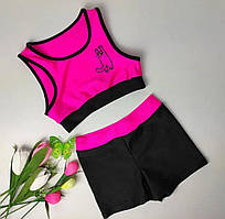 Спортивна форма для фітнесу на дівчинку дитяча топ і шорти з чорно-рожевого біфлексу Олівія р. 26-44
