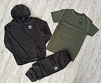 Комплект 3 в 1 Демісезонний спортивний костюм Adidas чорний худі + чорні штани (двонитка) + Футболка хакі