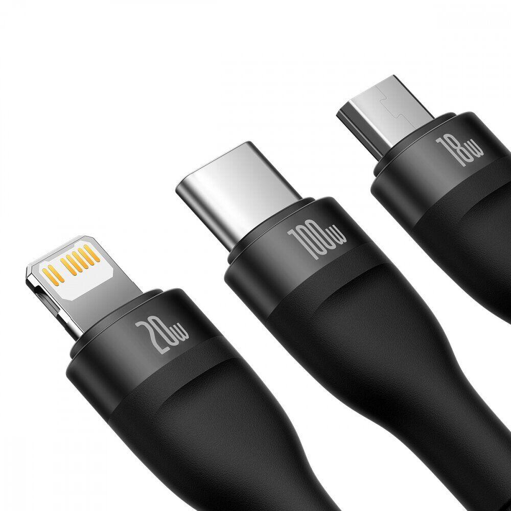 Кабель Baseus Flash Series II 3 in 2 USB+Type-C to MicroUSB+Lightning+Type-C (100W, 1.2m) CASS030101 - Black - фото 3 - id-p2129514240