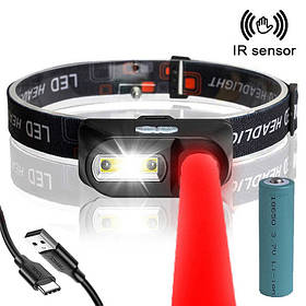 Ліхтар налобний з червоним світлом BL-1804-RED+COB з сенсором універсальний із зарядкою USB