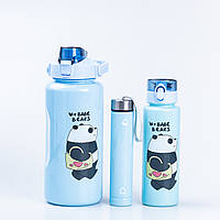 Детские бутылки для воды с дозатором набор из 3 бутылок Панда 0.5; 0.9; 2 л Синий