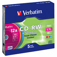 Диск CD Verbatim CD-RW 700Mb 12X SlimBox 5шт Color (43167)