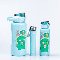Детские бутылки для воды с дозатором набор из 3 бутылок Дракоша 0.5; 0.9; 2 л Салатовый