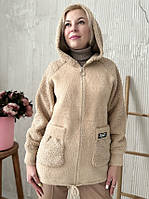 Жіноча курточка з капюшоном із вовни альпака комбінована хутром барашек розмір 50-54