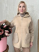 Жіноча курточка з капюшоном із вовни альпака комбінована хутром барашек розмір 50-54