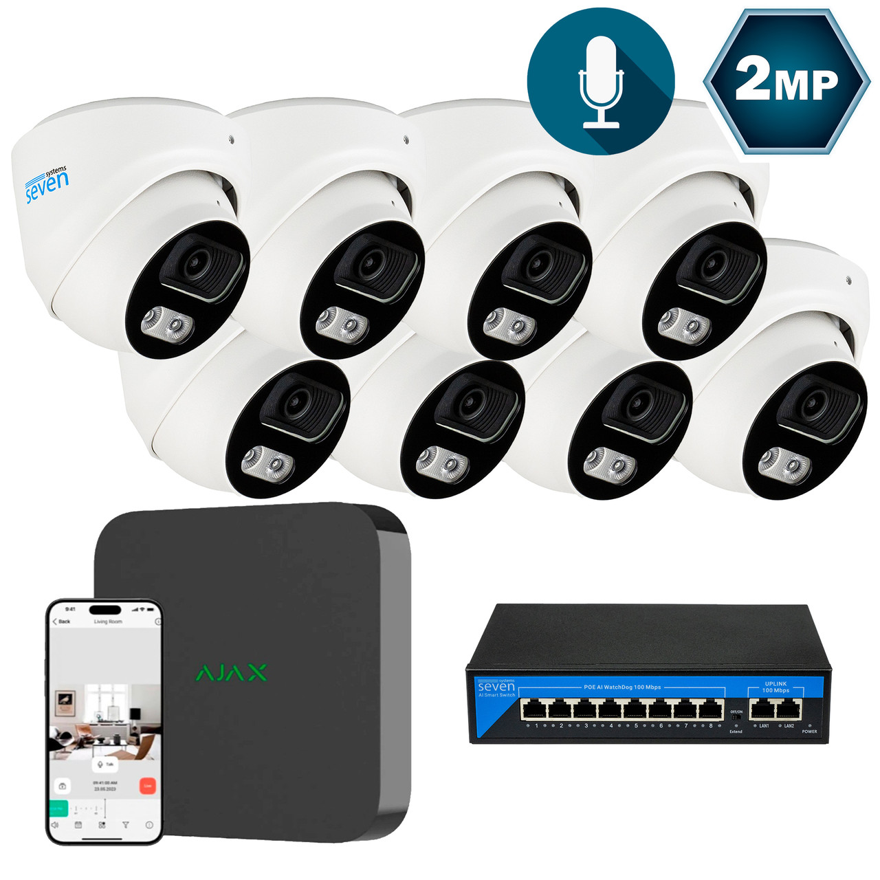 Комплект IP-відеоспостереження AJAX на 8 купольних 2 Мп IP-камер AX-IP3618OW-2MP