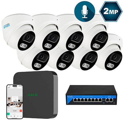 Комплект IP-відеоспостереження AJAX на 8 купольних 2 Мп IP-камер AX-IP3618OW-2MP, фото 1