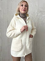 Жіноча курточка з капюшоном із вовни альпака комбінована хутром барашек розмір 44-48