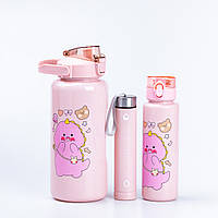 Детские бутылки для воды с дозатором набор из 3 бутылок Дракоша 0.5; 0.9; 2 л Розовые