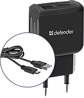 Мережевий зарядний пристрій Defender UPC-21, Black, 2xUSB, 2.1A, 5V, кабель microUSB, захист від