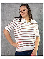 Женская футболка поло в полоску трикотаж тонкой вязки бело-бежевый 46-50
