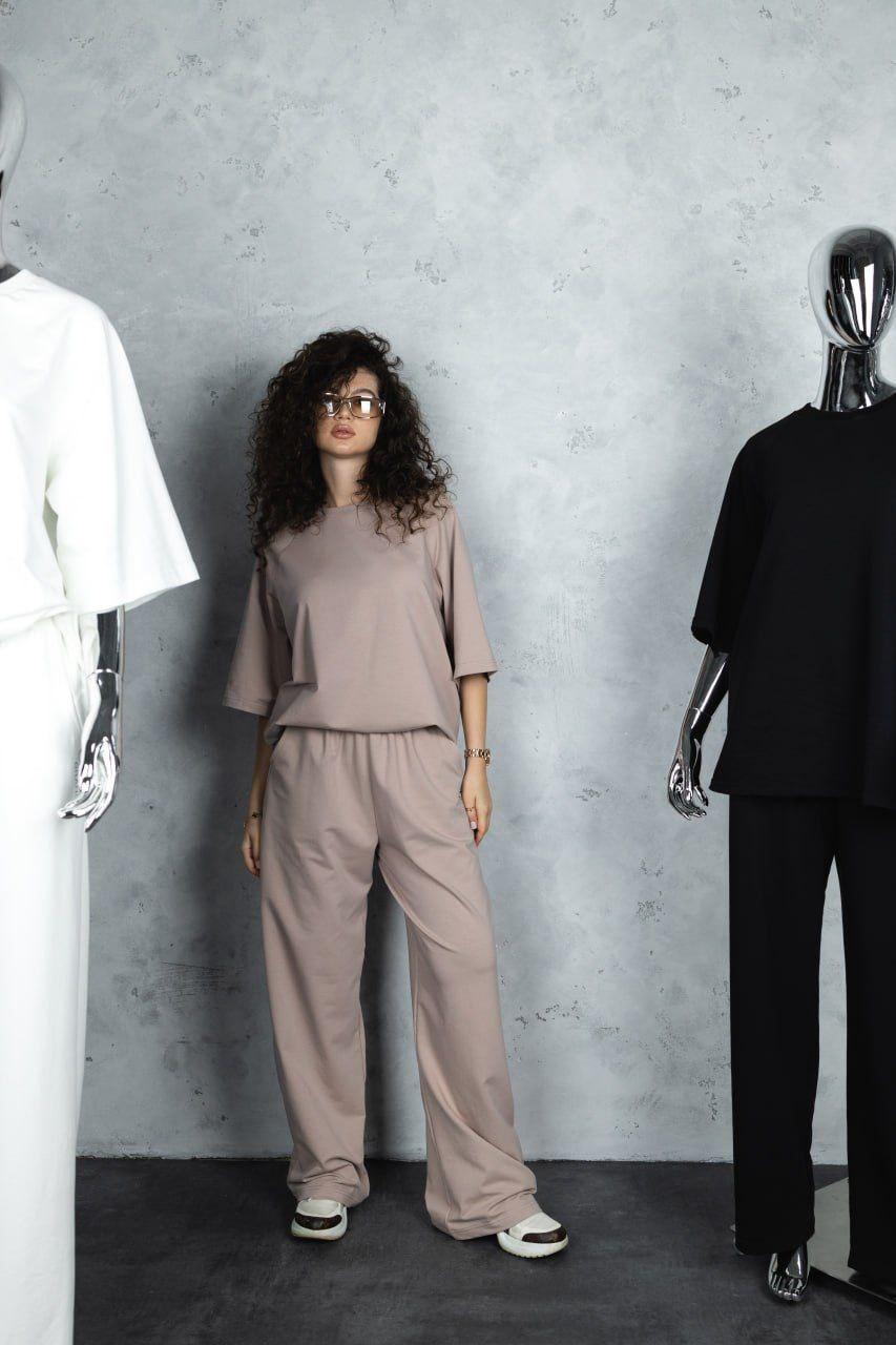 Якісний жіночий спортивний костюм «Кука» футболка та штани тканина двонитка петля колір моко, фото 1