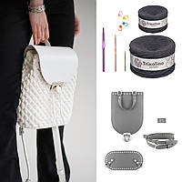 Набор для вязания крючком рюкзака Mini из натуральной кожи цвет Светло-Серый (пряжа - Антрацит меланж)