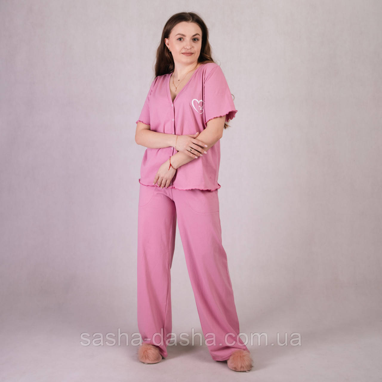 Трикотажна піжама рожева зі штаньми, літня 2133