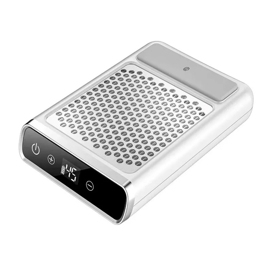 Манікюрна витяжка 858-7 на акумуляторі 2000 mAh (4500 об.хв), 80 Вт. білого кольору, з багаторазовим НЕРА-фільтром, 60 Вт.