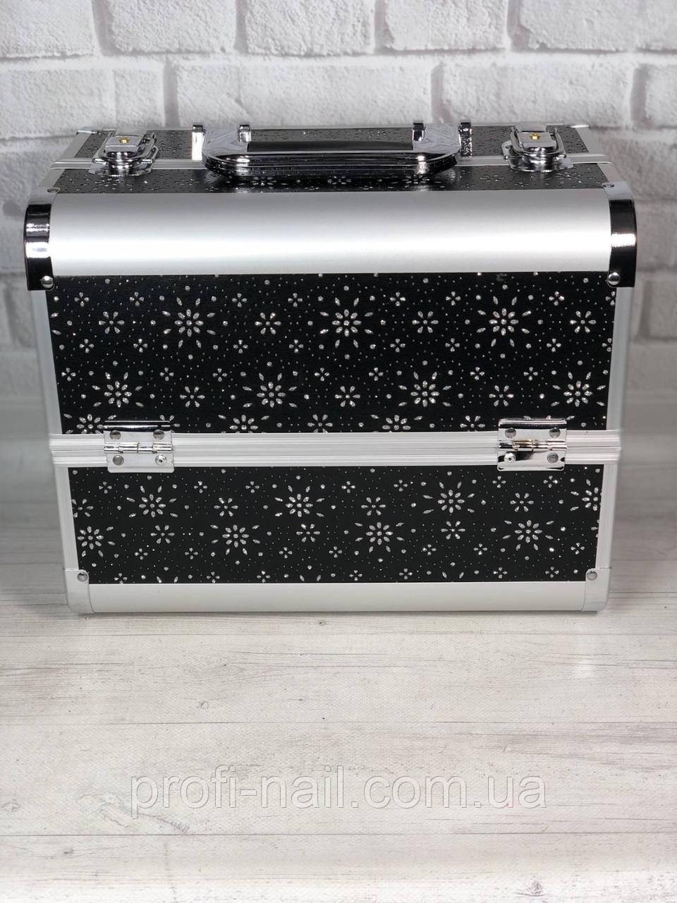 Бьюти кейс "Черный цветочный принт" металлический чемодан, раздвижной с ключом Ч03177 - фото 2 - id-p2129719914