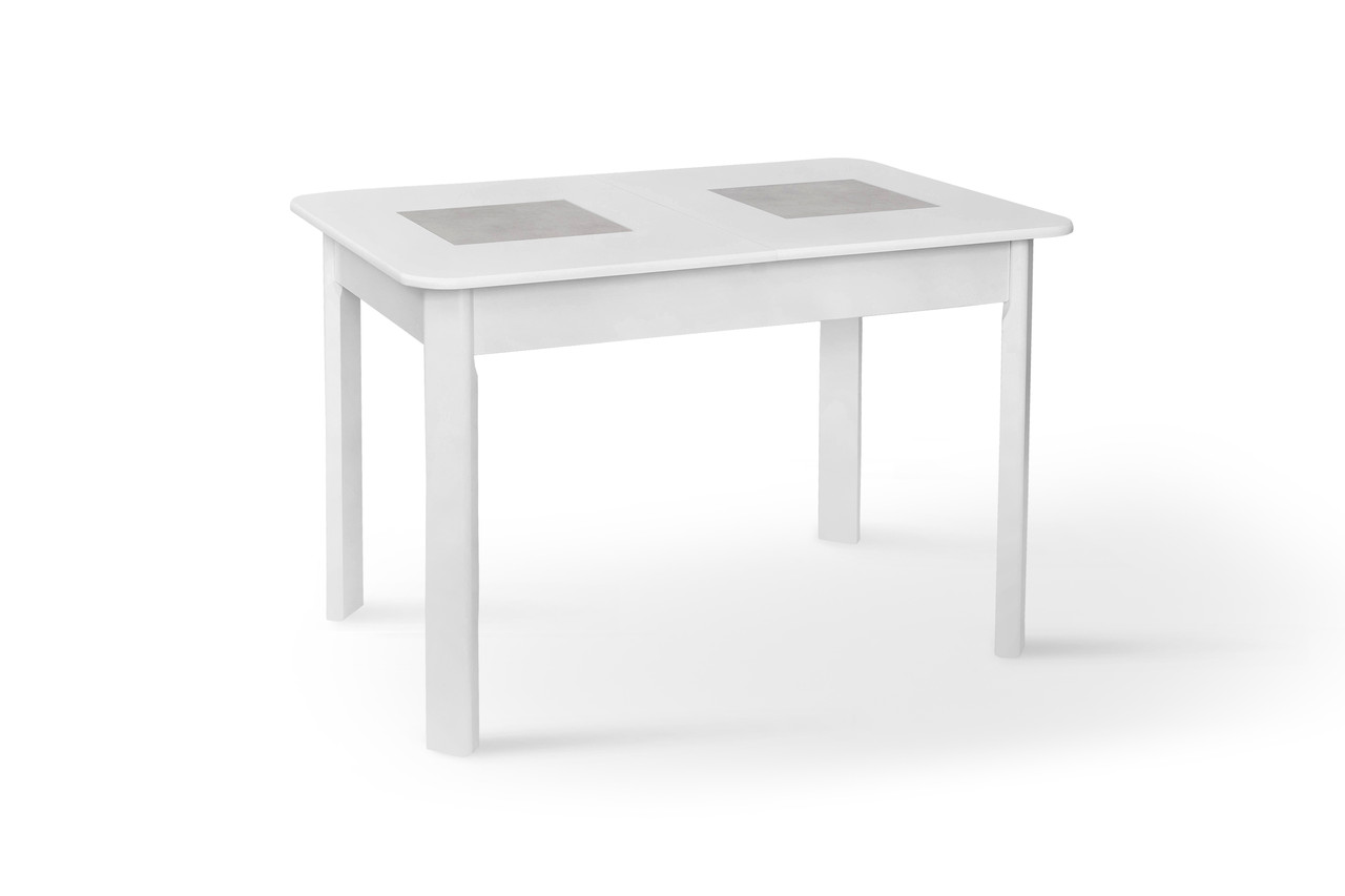 Білий стильний сучасний розкладний кухонний обідній стіл з масиву клена та МДФ стільницею (+ керамічні вставки) 115 см Бостон, фото 1