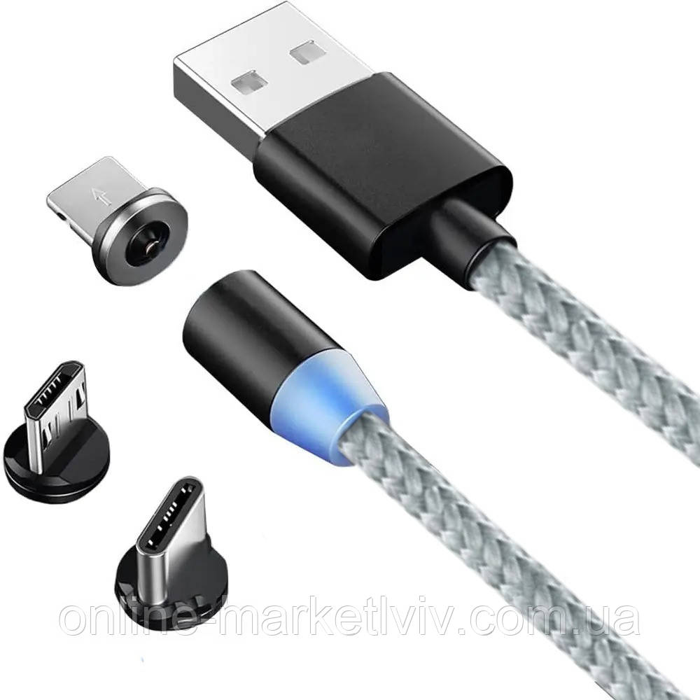 Магнітний кабель 3в1, 1 м (Type-C, Micro USB, Lighting) 2,4 А/ Магнітна зарядка кабель для телефонів
