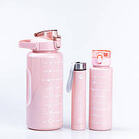 Бутылки для воды и напитков Набор фитнес бутылок для тренировок с дозатором объём 0.5л 0.9л 2л Розовый