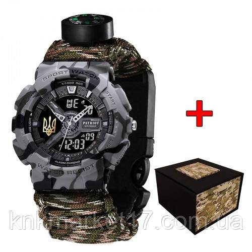 Тактичний годинник 005 Тризуб золото Сірий камуфляж Паракордовий ремінець Camo Green + Коробк, фото 1
