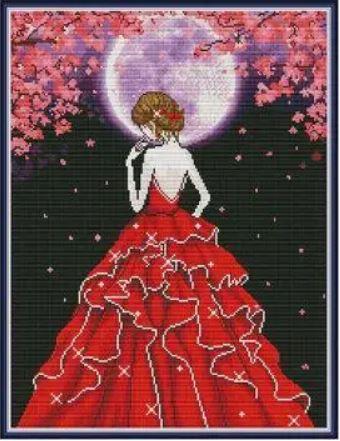 Набір для вишивання за нанесеною на канву схемою "Pretty Lady on Moonlit Night". AIDA 14CT printed 39*49 см
