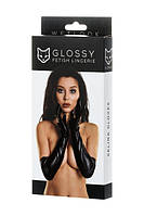 Рукавички Glossy Selina з матеріалу Wetlook вище ліктя, чорні Банни