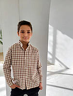 Детская хлопковая рубашка в бежево-белую клеточку базовая рубашка на каждый день