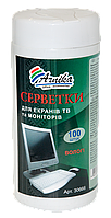 Салфетки влажные для экранов ТВ и мониторов, 100шт. в банке