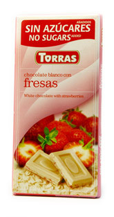 Шоколад без цукру і глютену Torras білий з шматочками полуниці Іспанія 75г, фото 1