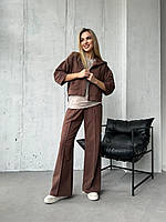 Женский спортивный костюм прямые штаны + кофта на молнии с коротким рукавом коричневый (G)