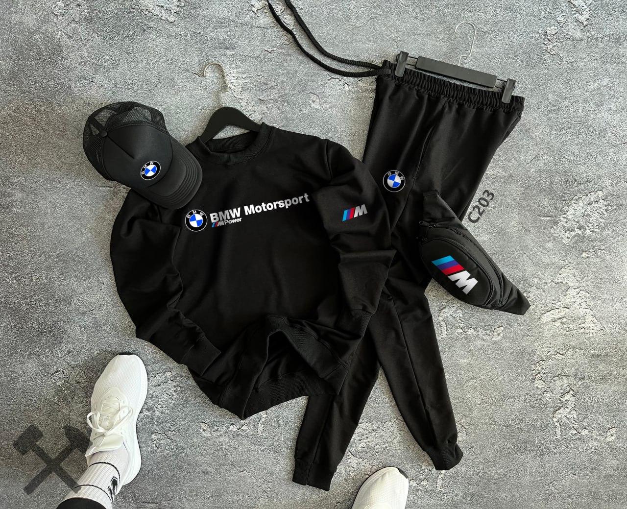 Комплект чоловічий bmw motorsport спортивний костюм бейсболка бананка бмв весняний осінній чорний