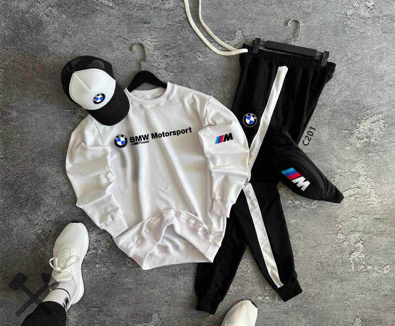 Комплект чоловічий bmw motorsport спортивний костюм бейсболка бананка бмв весняний осінній білий