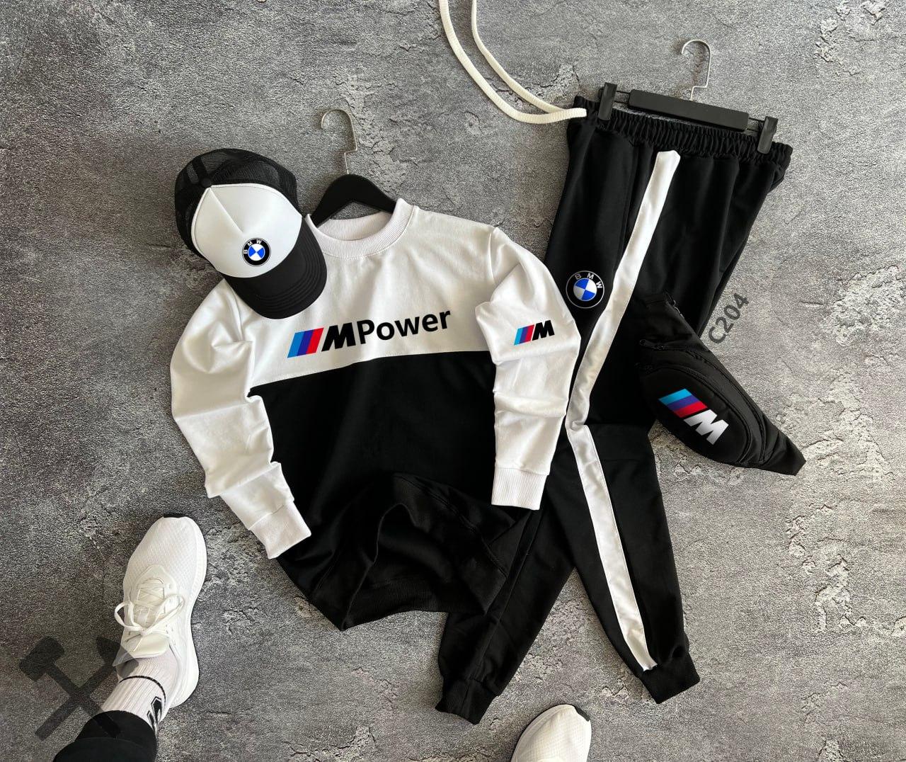 Комплект чоловічий bmw motorsport спортивний костюм бейсболка бананка бмв весняний осінній чорно-білий