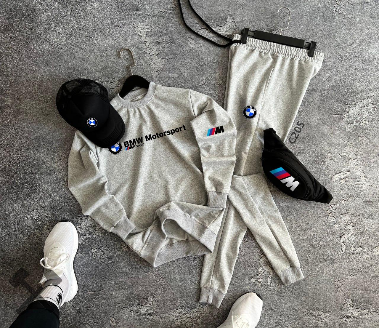 Комплект чоловічий bmw motorsport спортивний костюм бейсболка бананка бмв весняний осінній сірий