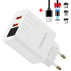 Зарядний пристрій на 2 USB, QC03 5740 + Подарунок Магнітний кабель 3в1 / Швидка зарядка для телефону