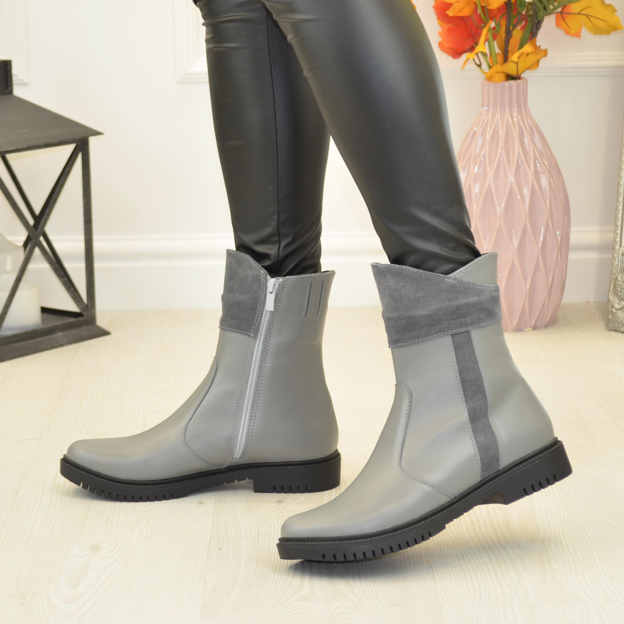 Черевики жіночі з натуральної шкіри та замші сірого кольору, фото 1