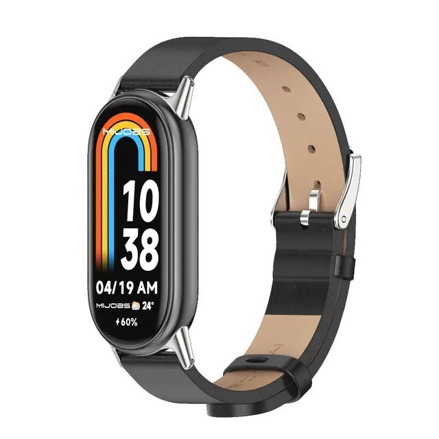 Шкіряний ремінець для фітнес браслета Xiaomi Mi Band 8 Type B чорний, тримач - сріблястий