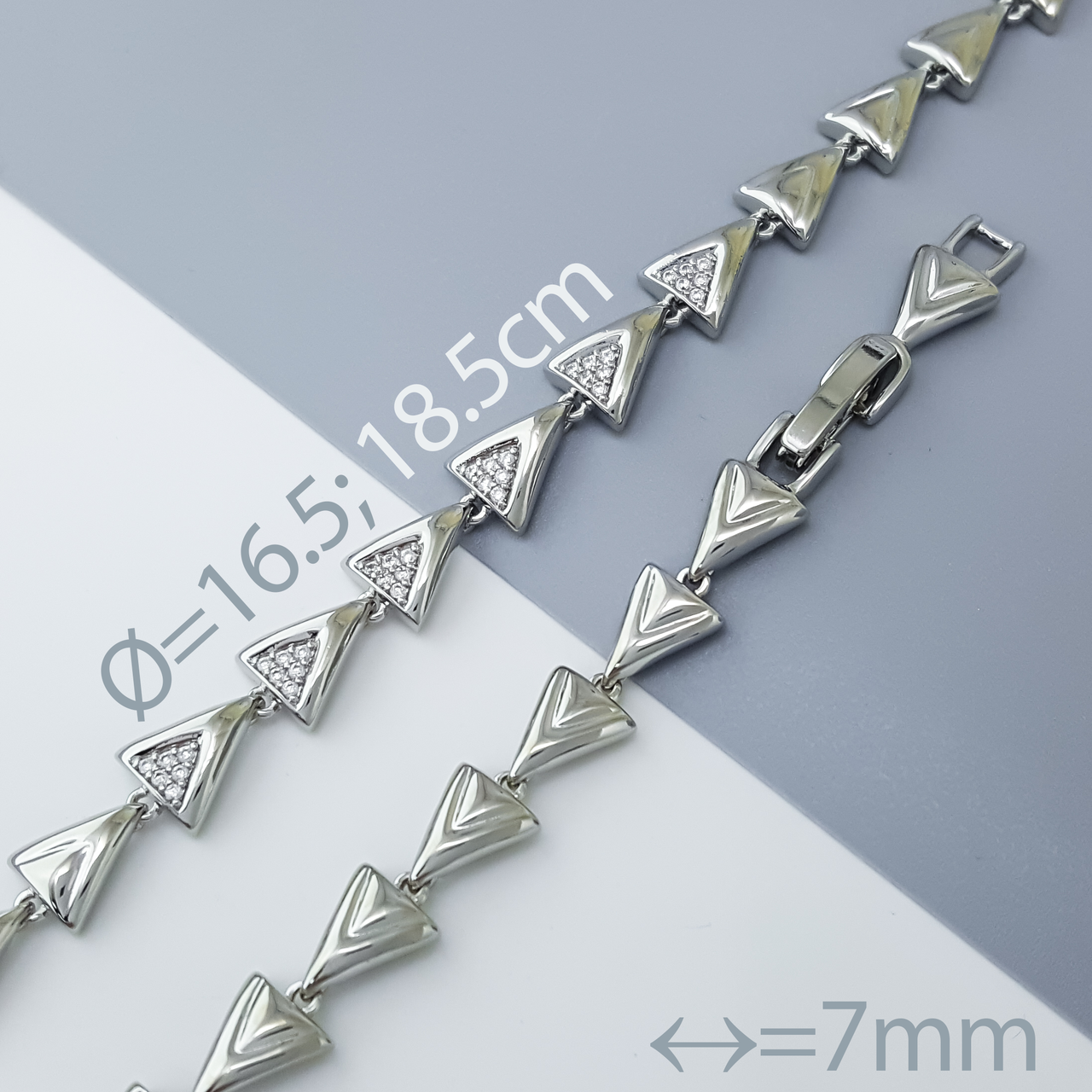 Браслет "Трикутнички" із вставкою цирконію, р.16,5; р.18,5; медсплав Xuping, родій, фото 1