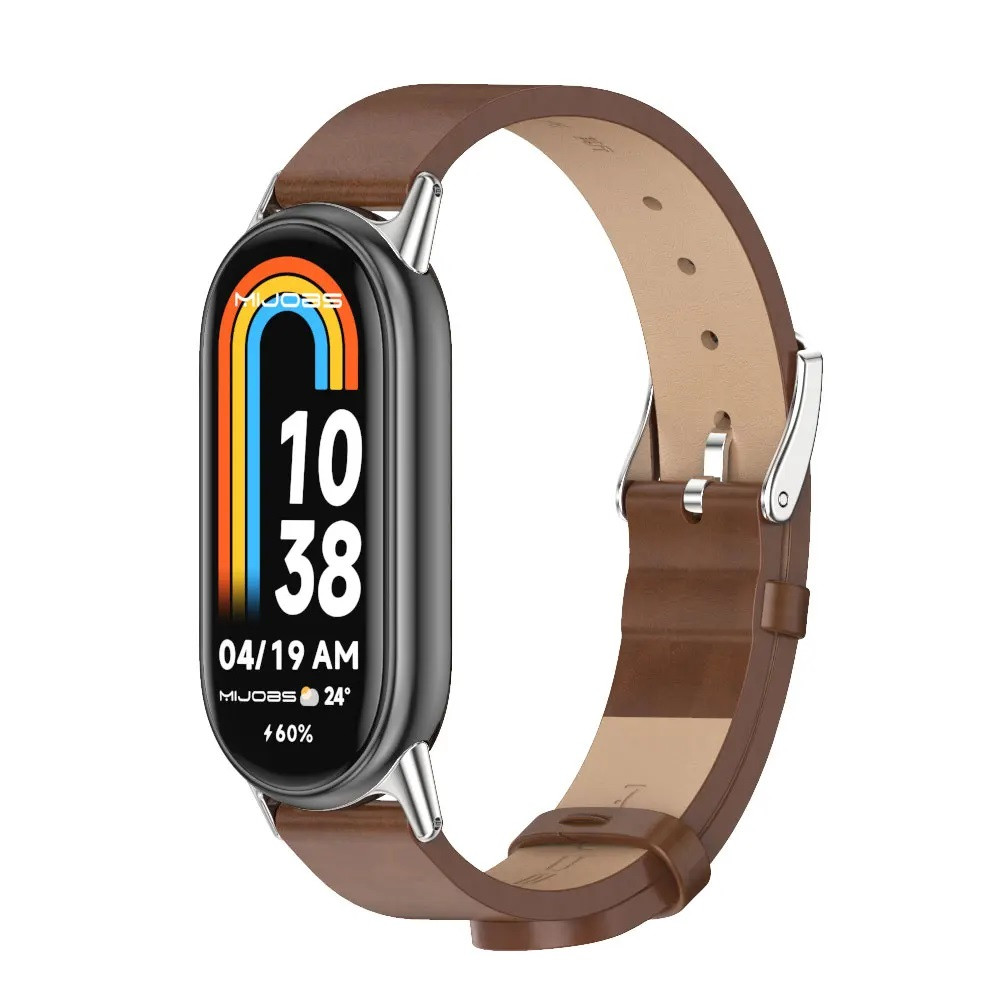 Шкіряний ремінець для фітнес браслета Xiaomi Mi Band 8 і 9 Type B коричневий, тримач - сріблястий