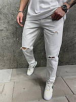 Мужские джинсы МОМ рваные (белые) молодежные модные с рваными участками повседневные для парней А7442