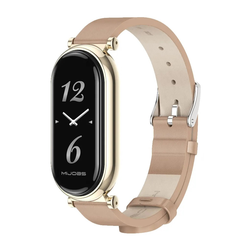 Шкіряний ремінець для фітнес браслета Xiaomi Mi Band 8,9,10 Type B бежевий, тримач - золотистий, фото 1