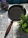 Сковорода гриль чавунна, з дерев'яною ручкою і пресом , d=260мм, h=40мм, фото 2