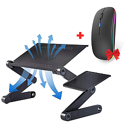 Столик розкладний для ноутбука T8 + Подарунок Бездротова миша з RGB / Столик для ноутбука з охолодженням